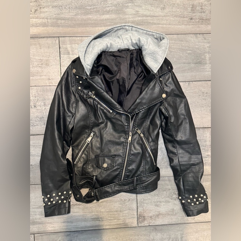 Faux Leather Biker Jacket with studs (with detachable hoodie). Size small.